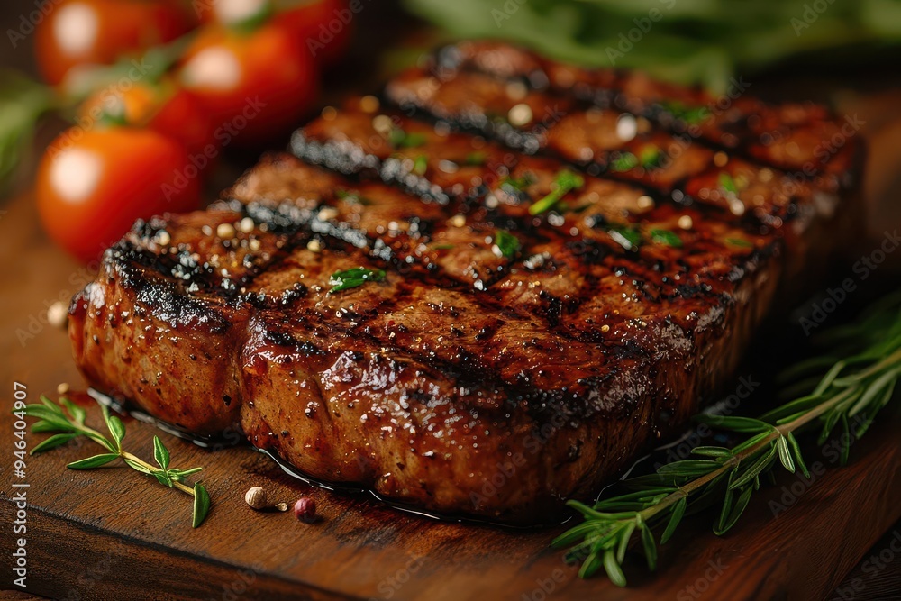 mouthwatering closeup of a perfectly grilled steak showcasing juicy texture and char marks soft focus background with herbs and seasoning complements the main subject mouthwatering closeup of a perfectly grilled steak showcasing juicy texture and char marks soft focus background with herbs and seasoning complements the main subject