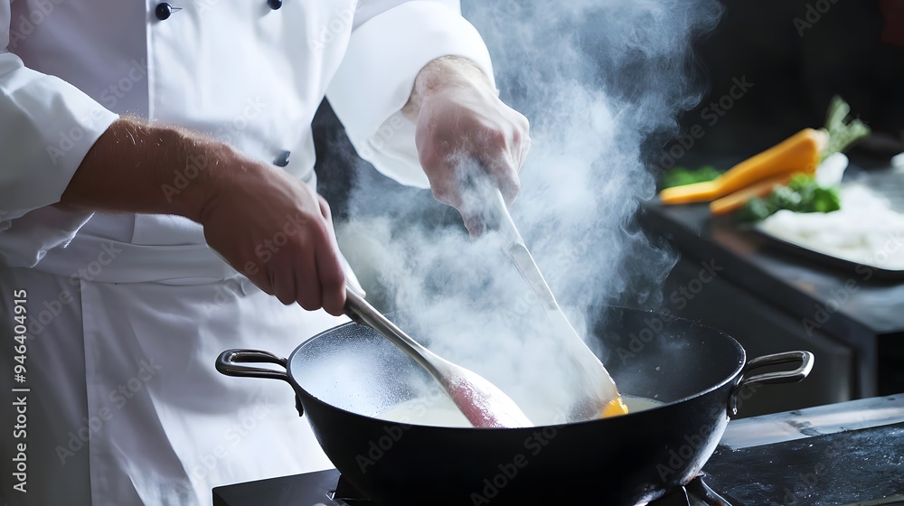 Chef stirs a pot of steaming food with a wooden spoon. Chef stirs a pot of steaming food with a wooden spoon.