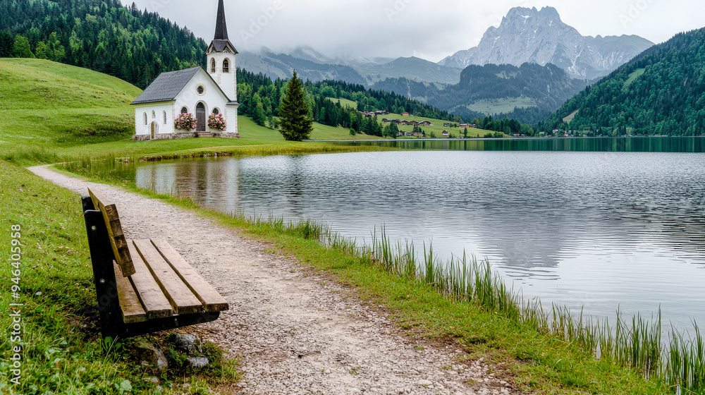 Serene Lakeside Chapel A Picturesque Chapel Nestled by a Tranquil Lake Surrounded by Majestic Mountains Capturing the Peaceful Beauty of Nature and Spiritual Reflection in the Alps Serene Lakeside Chapel A Picturesque Chapel Nestled by a Tranquil Lake Surrounded by Majestic Mountains Capturing the Peaceful Beauty of Nature and Spiritual Reflection in the Alps