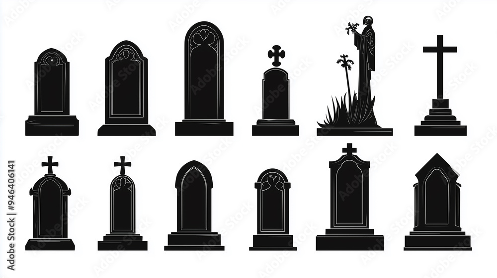 Set of Black Gravestone Headstones on White Background, Eerie and Minimalist Halloween Graveyard Design Set of Black Gravestone Headstones on White Background, Eerie and Minimalist Halloween Graveyard Design