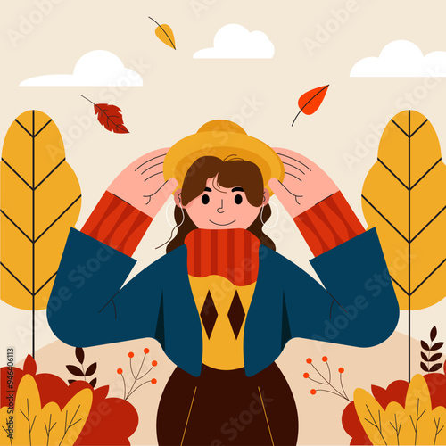 Woman outdoors flat autumn. Vector illustration