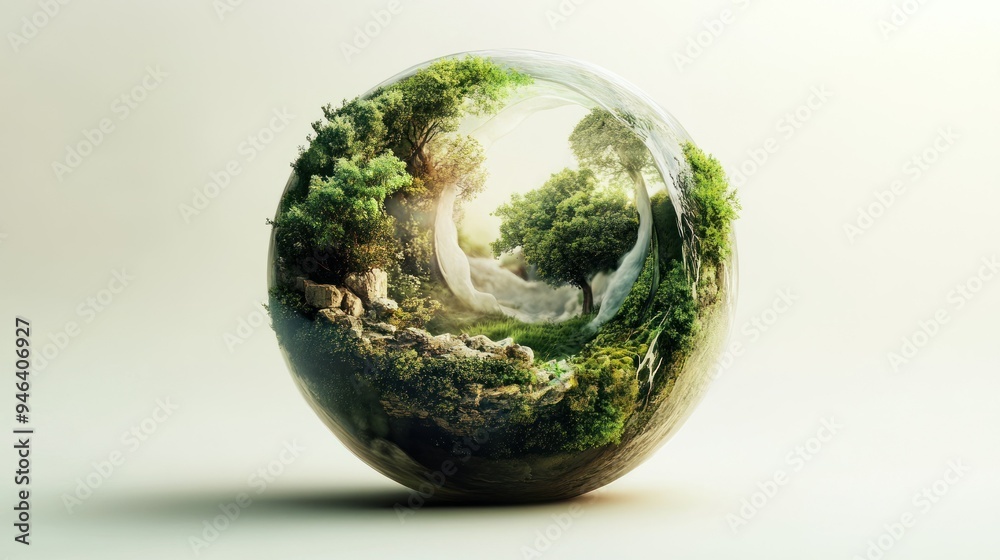 A miniature forest encased in a clear sphere A miniature forest encased in a clear sphere