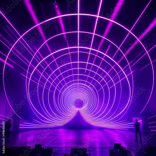 Two figures stand in front of a stage lit by a mesmerizing display of purple laser lights forming a circular tunnel. photo