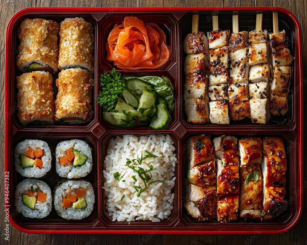 A Birds Eye View of a Japanese Bento Box Filled with Sushi Rolls Teriyaki Chicken and Rice A Birds Eye View of a Japanese Bento Box Filled with Sushi Rolls Teriyaki Chicken and Rice