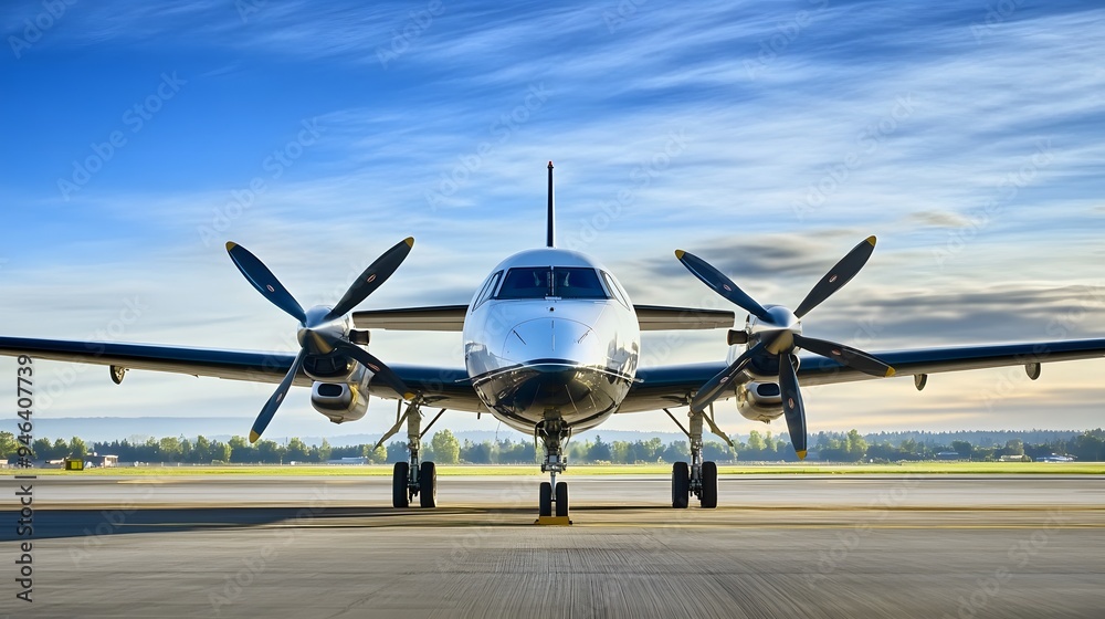 Fototapeta premium A white turboprop plane sits on the tarmac. 