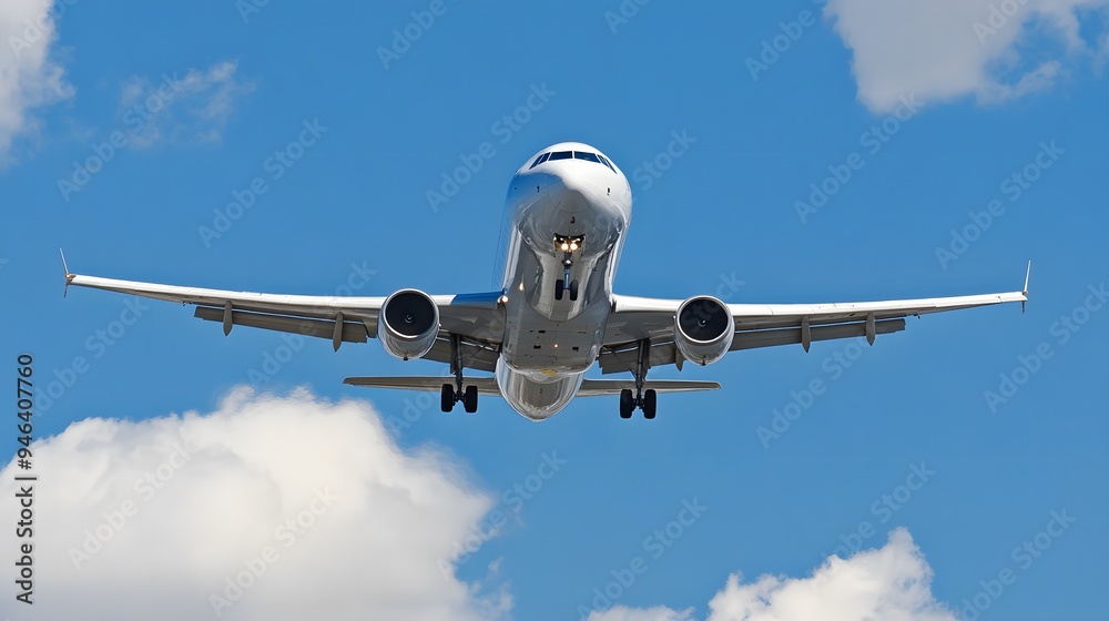 A white passenger airplane descends towards the runway. A white passenger airplane descends towards the runway.