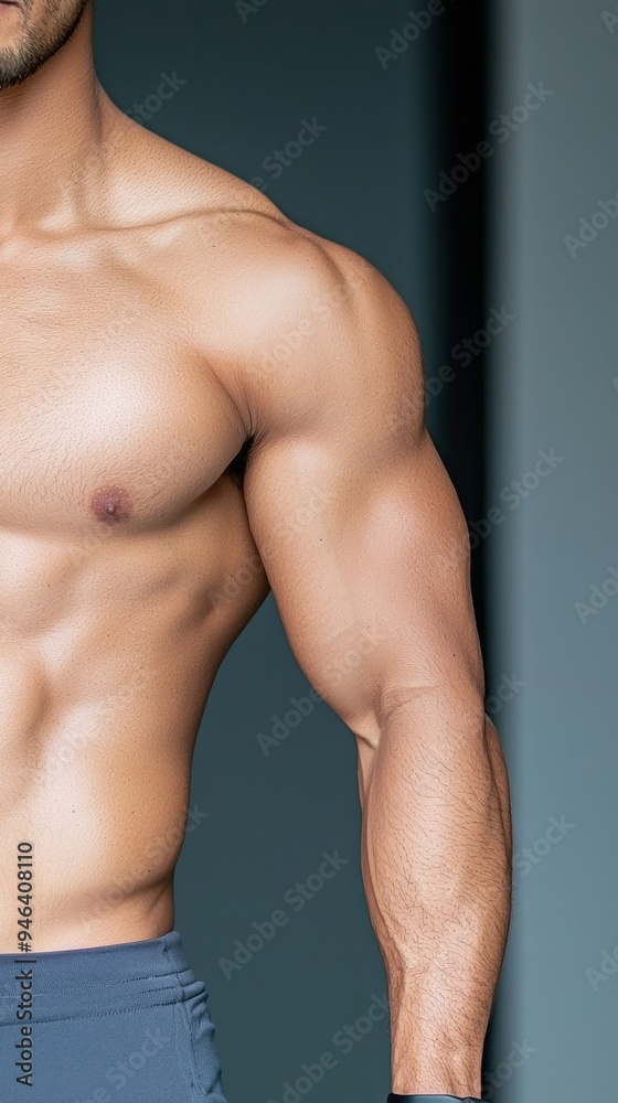 Fototapeta premium Strong male athlete showcasing defined muscles in a fitness studio during a workout session