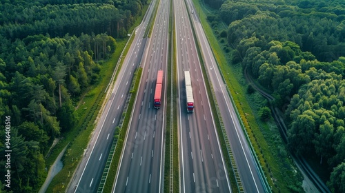 Aerial view of a highway with two trucks traveling on parallel lanes surrounded by trees.