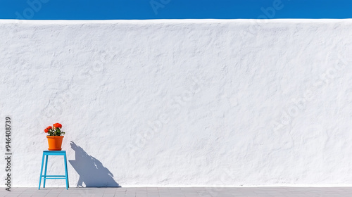 a vibrant flower pot on a blue stool against a stark white wall with a bright blue sky