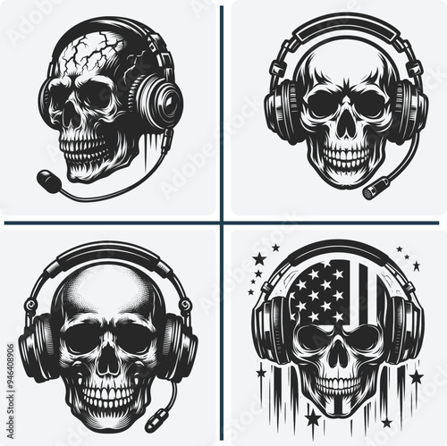 Skull Earphones Vector, Skull Svg, silhouette
