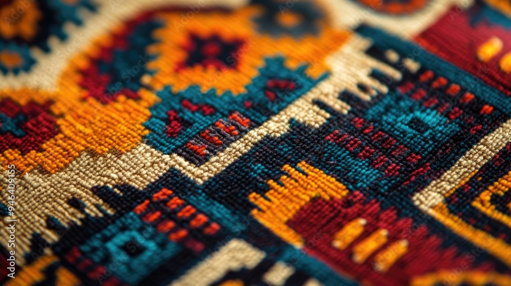 Close-up of traditional Navajo pattern in vibrant colors, showcasing intricate geometric designs and cultural motifs. A rich, detailed textile background. Close-up of traditional Navajo pattern in vibrant colors, showcasing intricate geometric designs and cultural motifs. A rich, detailed textile background.