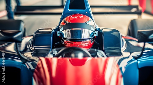 Race car driver in a helmet ready for the race. photo