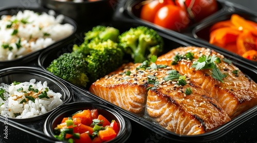 Closeup of a black plastic bento box filled with grilled salmon broccoli rice and diced tomatoes a healthy and flavorful meal