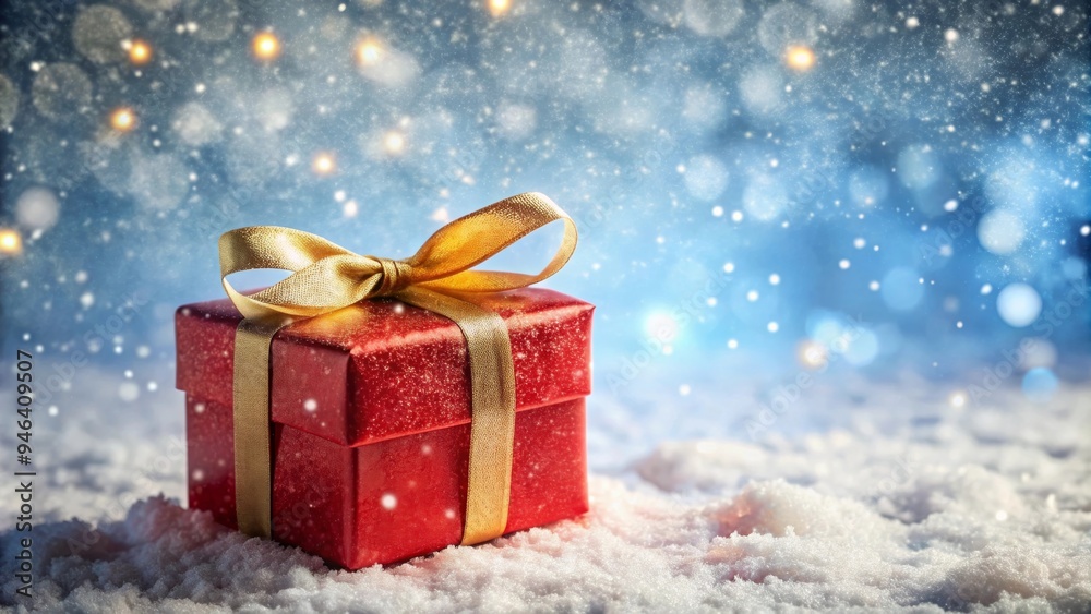 Christmas Gift in Snow with Golden Ribbon and Bokeh Lights for a Magical Holiday Scene Christmas Gift in Snow with Golden Ribbon and Bokeh Lights for a Magical Holiday Scene