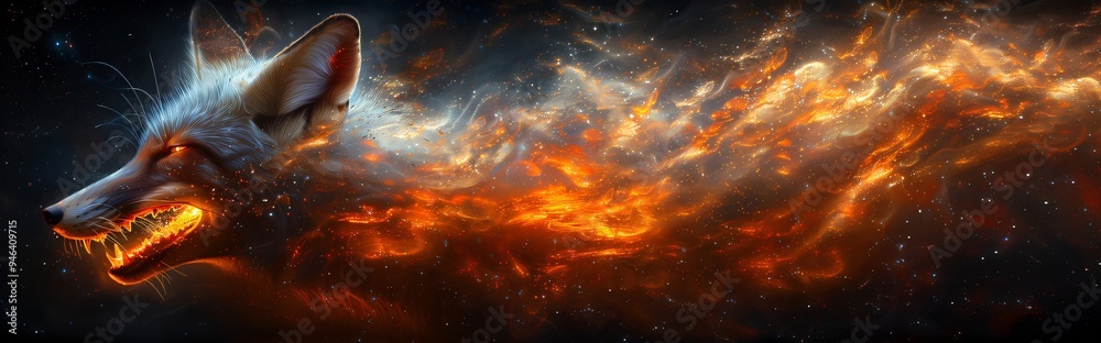 Fototapeta premium Panoramic banner with powerful fox with glowing eyes emerging from a vibrant orange and red cosmic energy cloud, set against a backdrop of a starry night sky