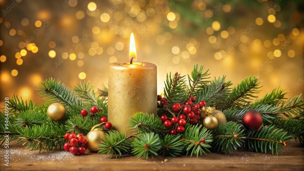 Glowing Christmas Candle with Pine Branches, Red Berries, and Gold Baubles for Festive Decor Glowing Christmas Candle with Pine Branches, Red Berries, and Gold Baubles for Festive Decor