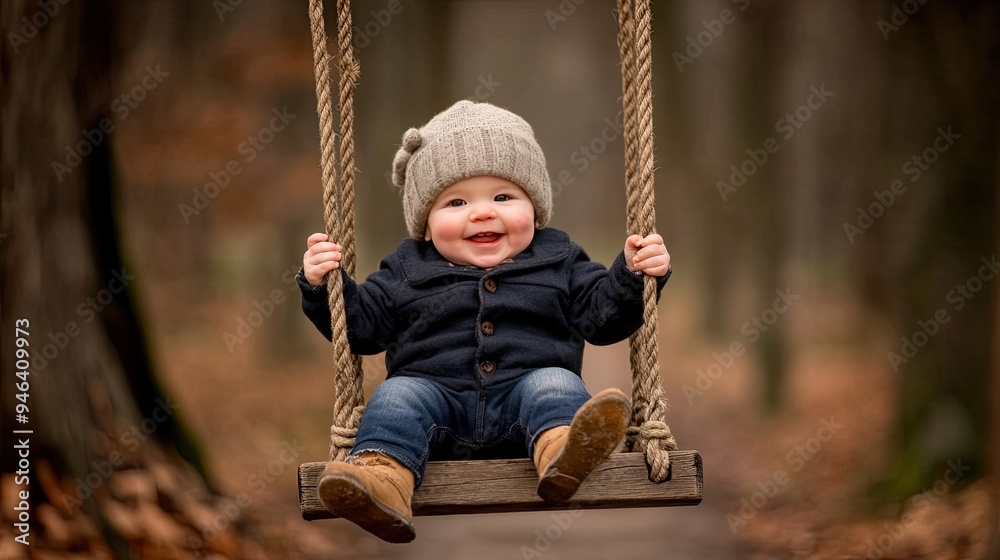 A joyful child enjoys swinging on a wooden swing in the park, dressed in winter attire and jeans, surrounded by a serene forest at sunset. A joyful child enjoys swinging on a wooden swing in the park, dressed in winter attire and jeans, surrounded by a serene forest at sunset.