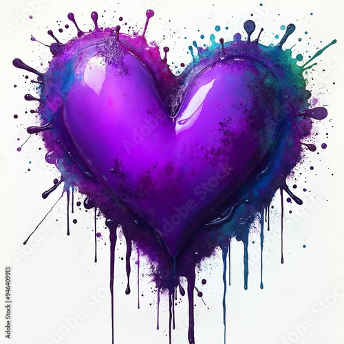 Abstract purple heart painting with splashes of vibrant colors on a white background, symbolizing love, mystery, and creativity in a bold and expressive art style.
