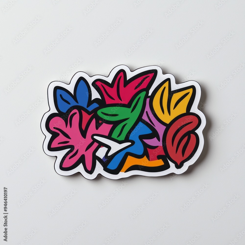 Obraz premium Colorful abstract sticker featuring playful leaf designs against a light background