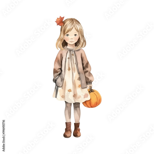 Watercolor cute girl bring a pumpkin in autumn vibe vector illustration, white background