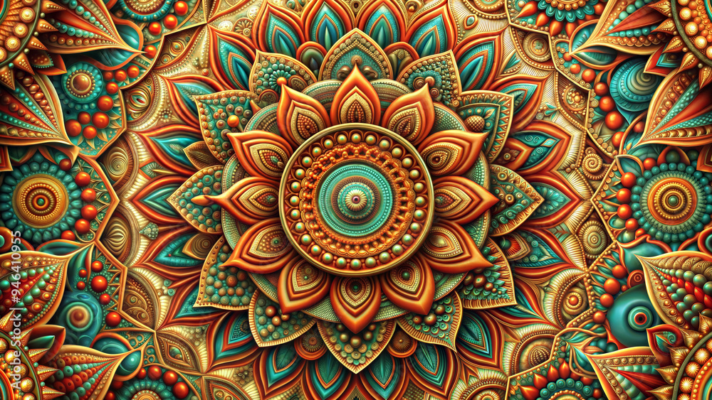 Mandala Illustration with turquoise, red, gold color. Beautiful ethnic pattern Mandala Illustration with turquoise, red, gold color. Beautiful ethnic pattern