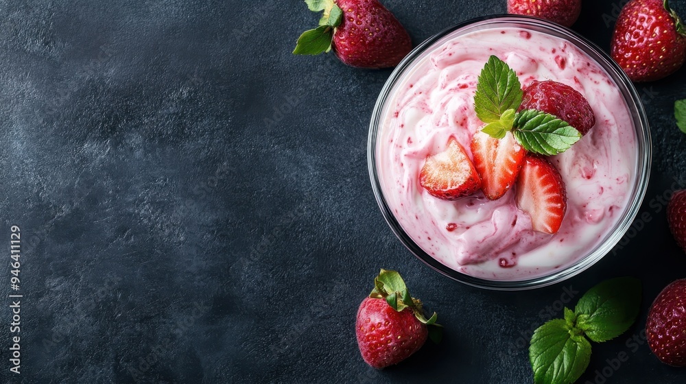 A bowl of creamy strawberry yogurt topped with fresh strawberry slices and mint leaves, presented on a dark surface for a refreshing dessert option. A bowl of creamy strawberry yogurt topped with fresh strawberry slices and mint leaves, presented on a dark surface for a refreshing dessert option.