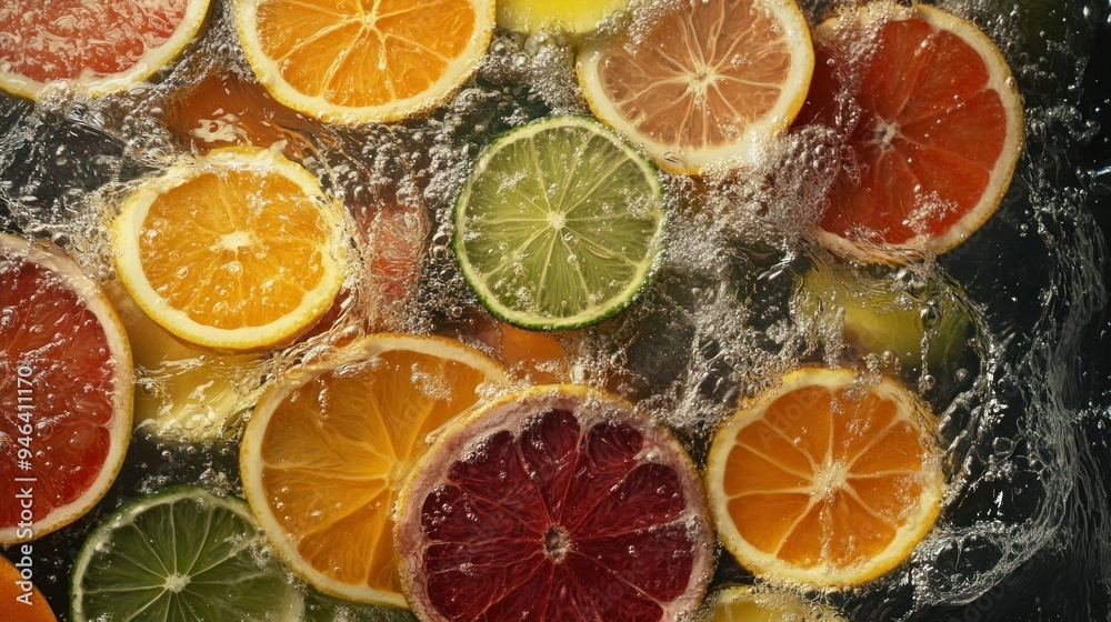 Citrus Fruits Floating in Sparkling Water Citrus Fruits Floating in Sparkling Water
