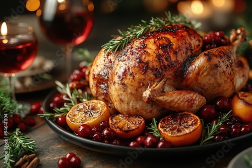 Thanksgiving day dinner with holiday autumn decor and candles. Family dining room table set with delicious golden roasted turkey on platter garnished rosemary fresh small pumpkins