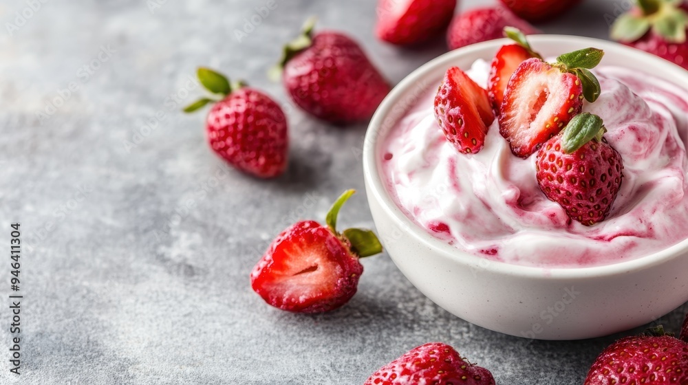 Delicious fresh strawberries paired with creamy yogurt in a white bowl, providing a visually appealing and delightful treat perfect for any time of the day. Delicious fresh strawberries paired with creamy yogurt in a white bowl, providing a visually appealing and delightful treat perfect for any time of the day.
