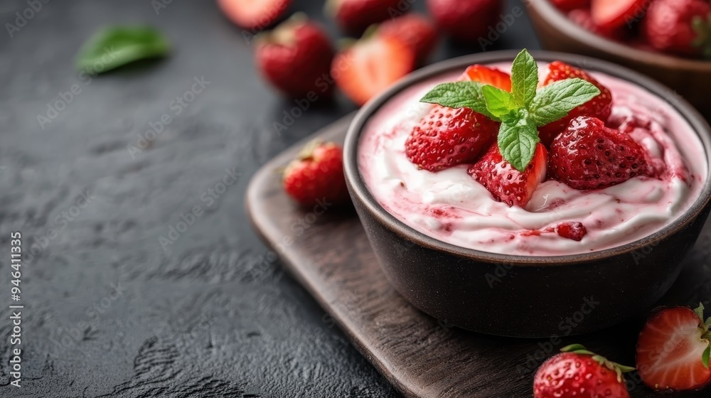 A rich and creamy strawberry yogurt is topped with fresh mint leaves and served in a dark bowl, presenting a delightful combination of flavors and textures for a refreshing treat.