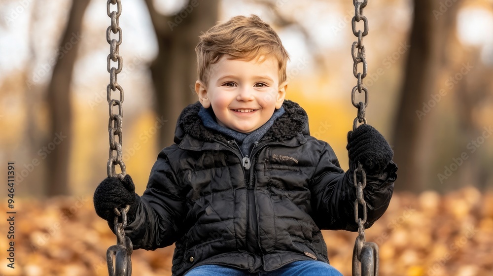 A joyful child enjoys swinging on a wooden swing in the park, dressed in winter attire and jeans, surrounded by a serene forest at sunset A joyful child enjoys swinging on a wooden swing in the park, dressed in winter attire and jeans, surrounded by a serene forest at sunset