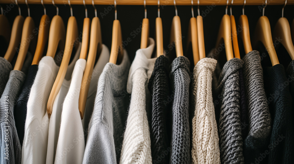 a neatly organized minimalist wardrobe, featuring a selection of neutral-colored clothing items like white shirts, grey sweaters, and black pants, all hanging evenly on wooden hangers a neatly organized minimalist wardrobe, featuring a selection of neutral-colored clothing items like white shirts, grey sweaters, and black pants, all hanging evenly on wooden hangers