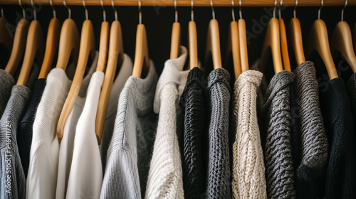 a neatly organized minimalist wardrobe, featuring a selection of neutral-colored clothing items like white shirts, grey sweaters, and black pants, all hanging evenly on wooden hangers