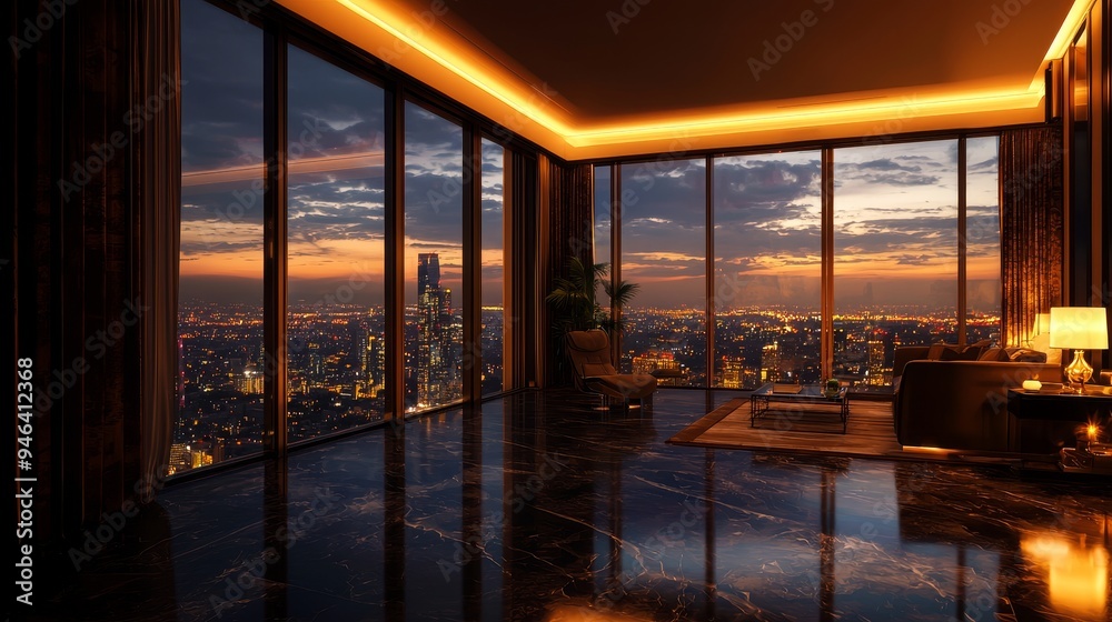 Fototapeta premium Luxury penthouse, panoramic city views, 3D illustration