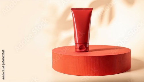 A round podium holding a red tube of sunscreen, symbolizing protection against ultraviolet rays and the sun's harmful effects on the skin