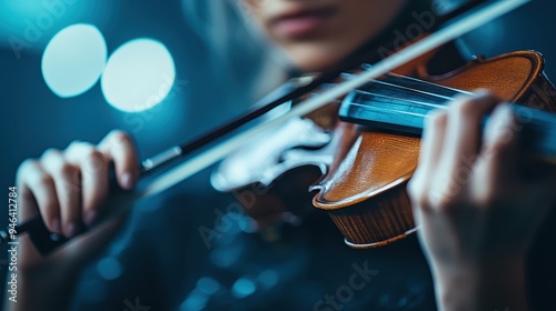 A mesmerizing capture of a violin player intently focusing while drawing the bow across the strings of a violin, set against a softly lit background, conveying passion for music. photo