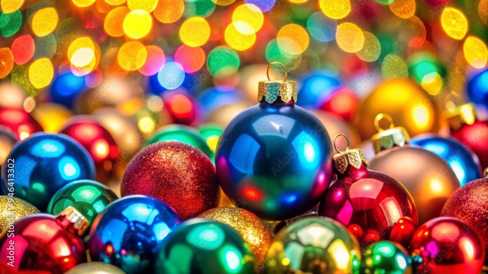 Vibrant Christmas Baubles and Colorful Lights in a Festive Holiday Setting, Close-Up Shot Vibrant Christmas Baubles and Colorful Lights in a Festive Holiday Setting, Close-Up Shot