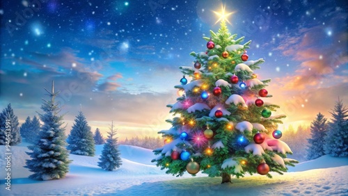 Wallpaper Mural Beautiful Snow-Covered Christmas Tree with Colorful Ornaments and Star Topper in Winter Wonderland Torontodigital.ca