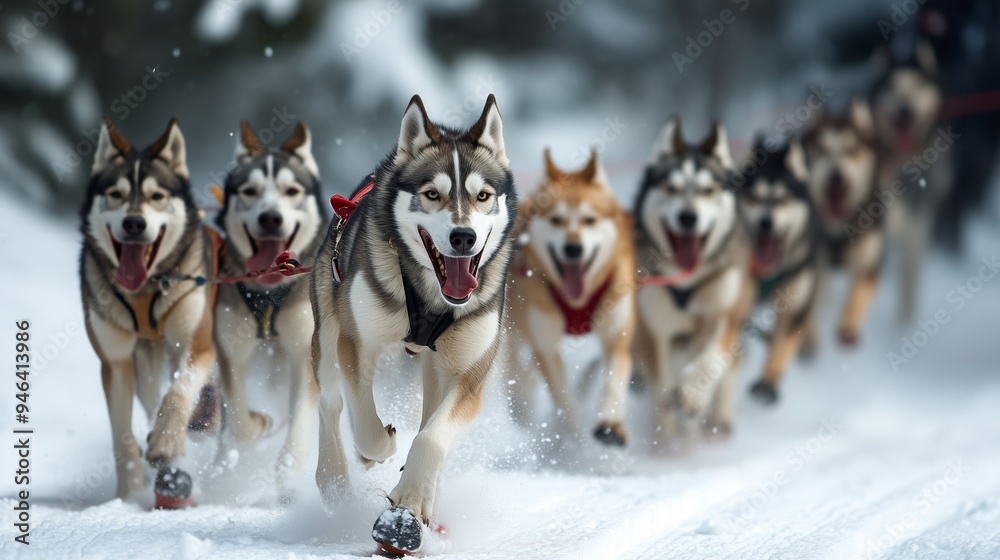 Husky sled dogs enthusiastically pull a sled through the snowy wilderness during winter, showcasing their strength and teamwork Husky sled dogs enthusiastically pull a sled through the snowy wilderness during winter, showcasing their strength and teamwork