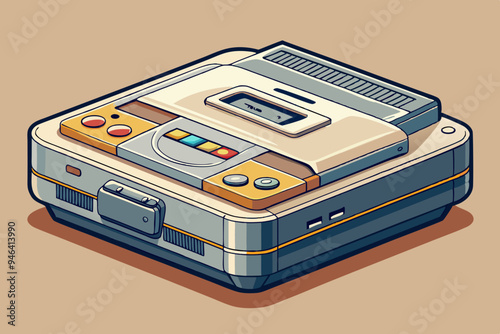 Vintage gaming console, watercolor clipart illustration with isolated background.
