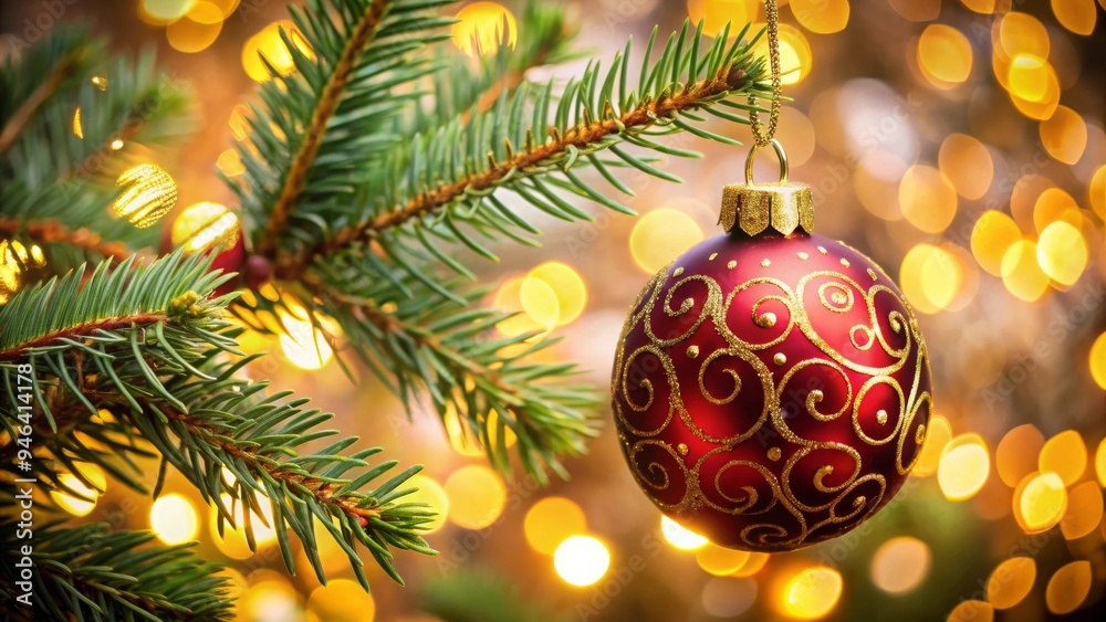 Elegant Red Christmas Bauble with Gold Swirl Design Hanging on Pine Branch and Bokeh Lights Elegant Red Christmas Bauble with Gold Swirl Design Hanging on Pine Branch and Bokeh Lights