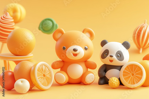 3d Cute Bear and Various Fruits Background
