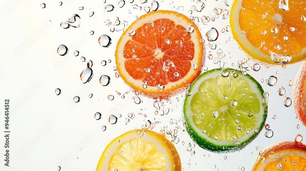 Citrus Fruit Slices Submerged in Water with Bubbles Citrus Fruit Slices Submerged in Water with Bubbles