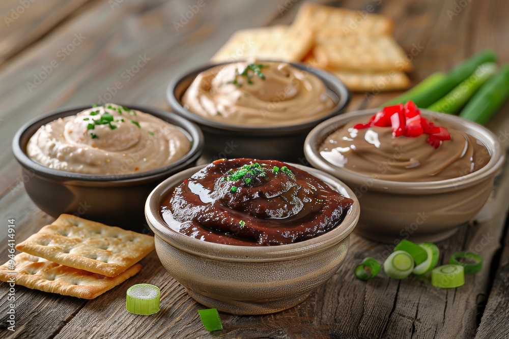 Bowls of assorted dips, including herb dip, roasted red pepper dip, and caramelized onion dip, are arranged with crackers and green onions on a wooden table Bowls of assorted dips, including herb dip, roasted red pepper dip, and caramelized onion dip, are arranged with crackers and green onions on a wooden table