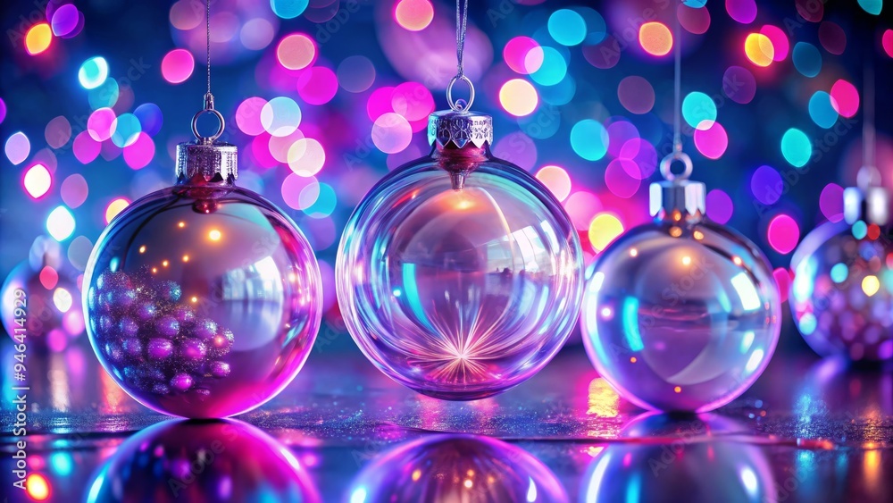 Elegant Clear Christmas Baubles Filled with Glitter on Reflective Surface and Bokeh Lights
