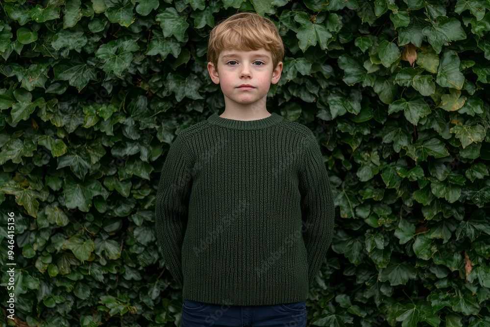 A young boy poses confidently in front of lush green ivy on a calm autumn day A young boy poses confidently in front of lush green ivy on a calm autumn day