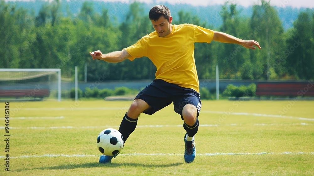 A young man in a yellow jersey controls the soccer ball on the field. A young man in a yellow jersey controls the soccer ball on the field.