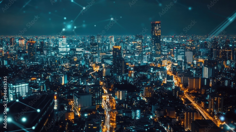 custom made wallpaper toronto digitalAerial view of a city at night with digital network overlays, representing smart cities and IoT technology