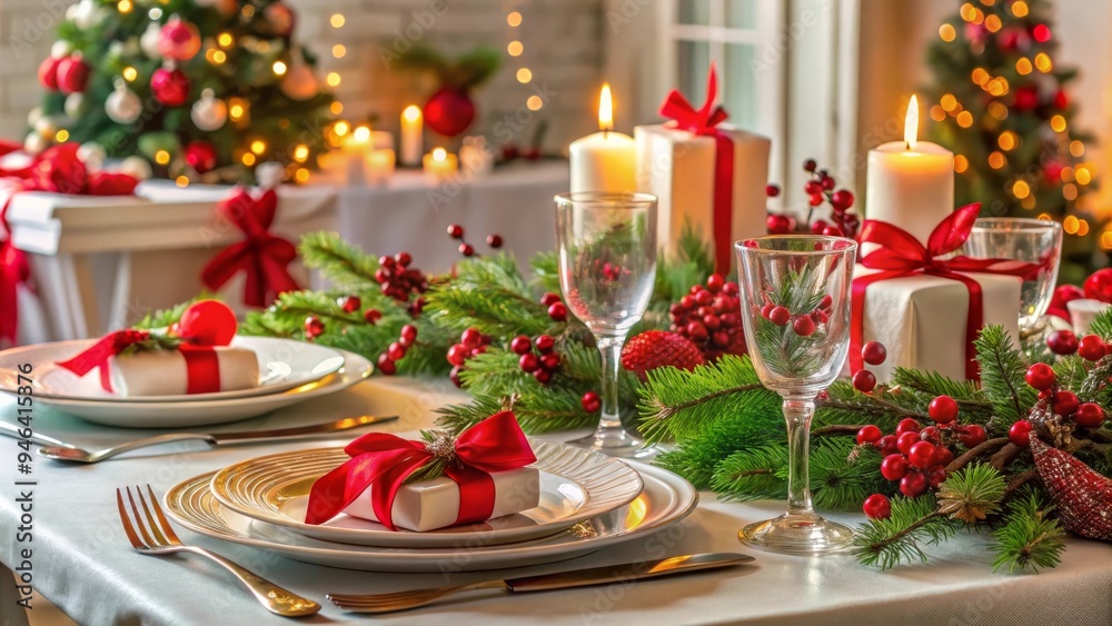 Cozy Holiday Dining Table with Pine Garland, Red Ribbons, and Christmas Tree in the Background Cozy Holiday Dining Table with Pine Garland, Red Ribbons, and Christmas Tree in the Background