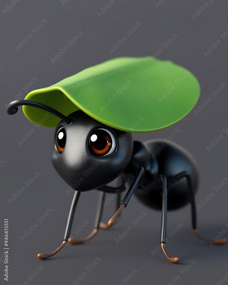 Naklejka premium Busy 3D Cartoon Ant Carrying a Leaf